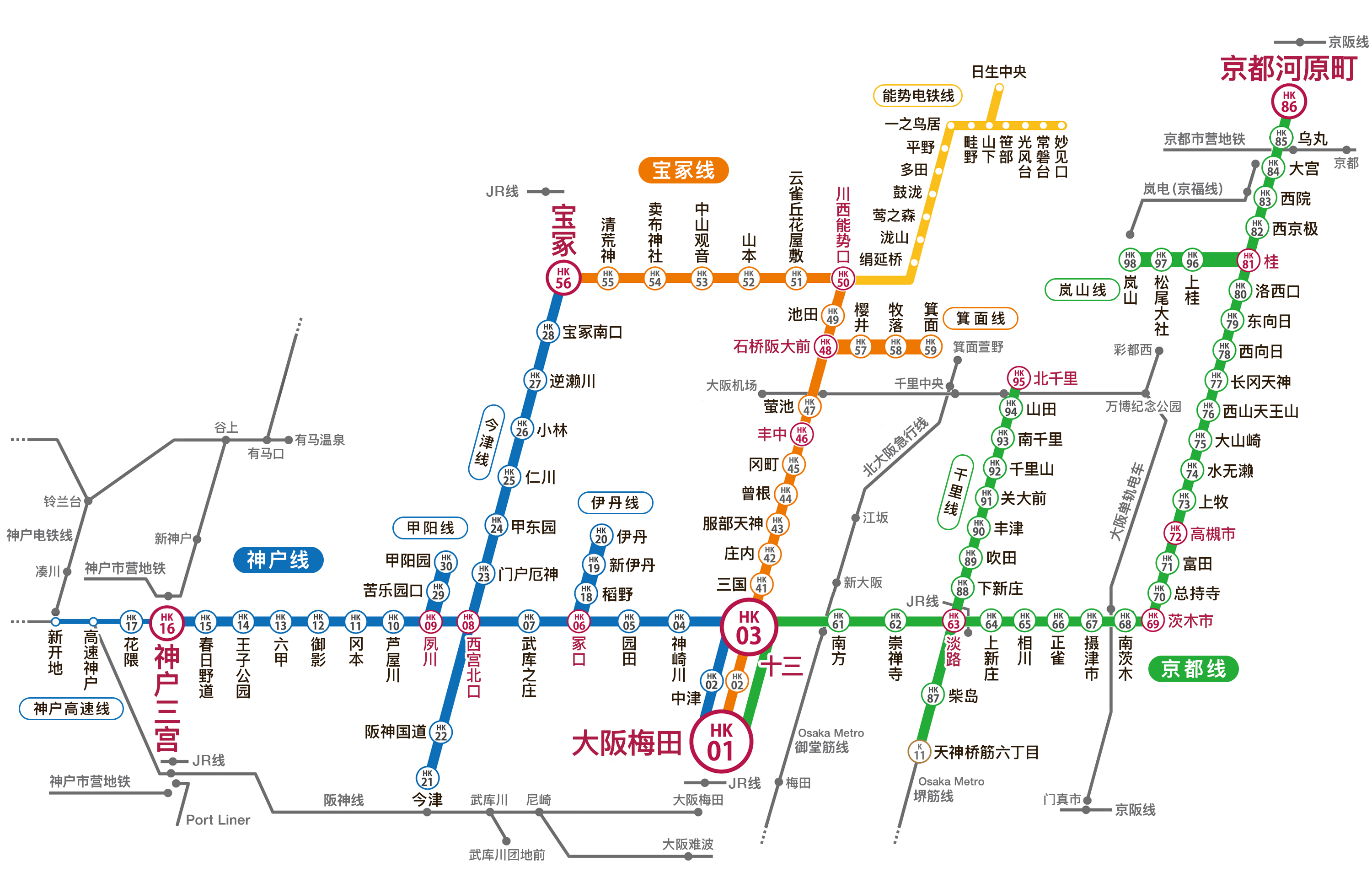 Hankyu Railway route map. It consists of Kobe Line, Takarazuka Line, and Kyoto Line, and has 87 stations.