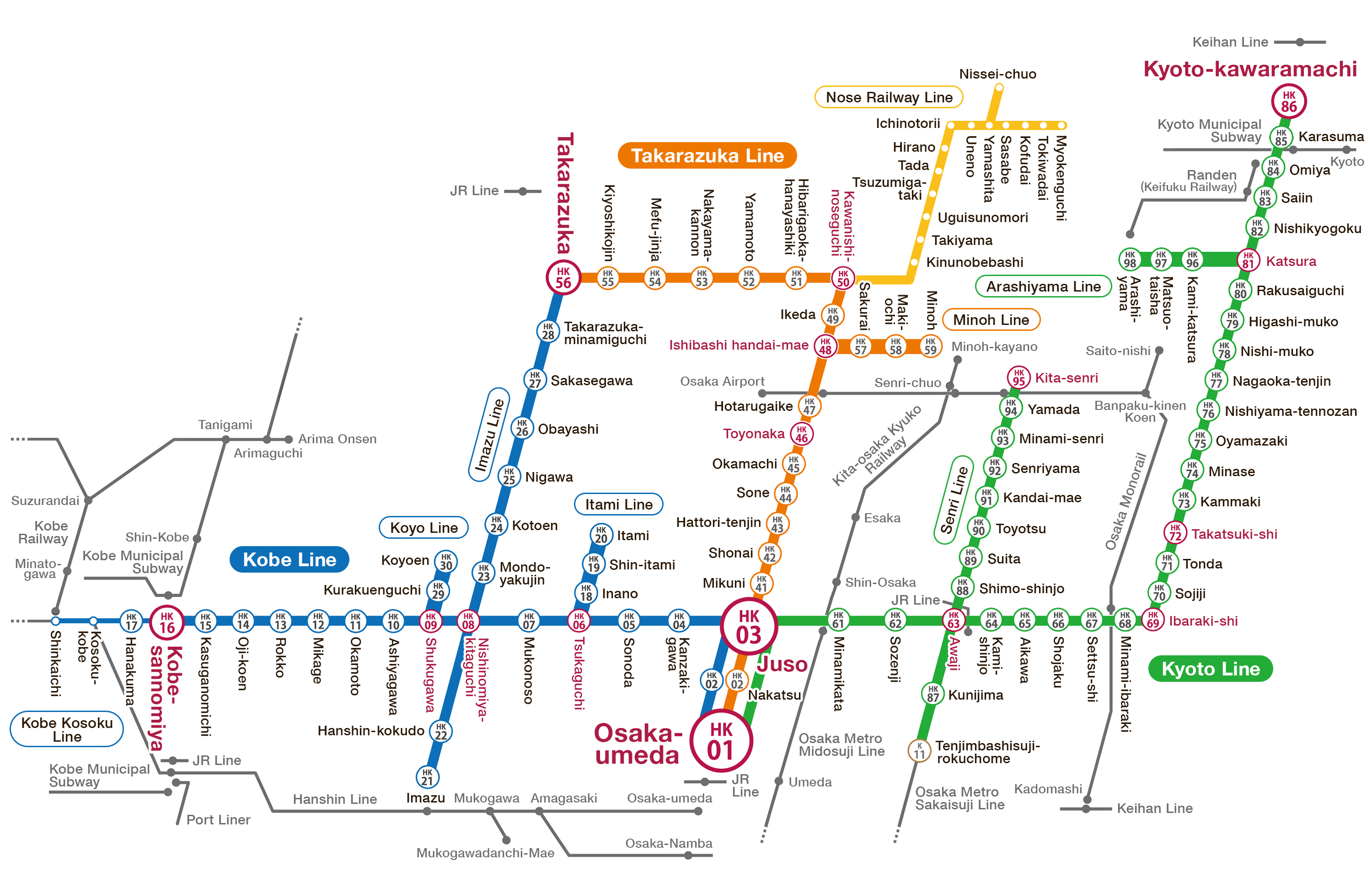 Hankyu Railway route map. It consists of Kobe Line, Takarazuka Line, and Kyoto Line, and has 87 stations.