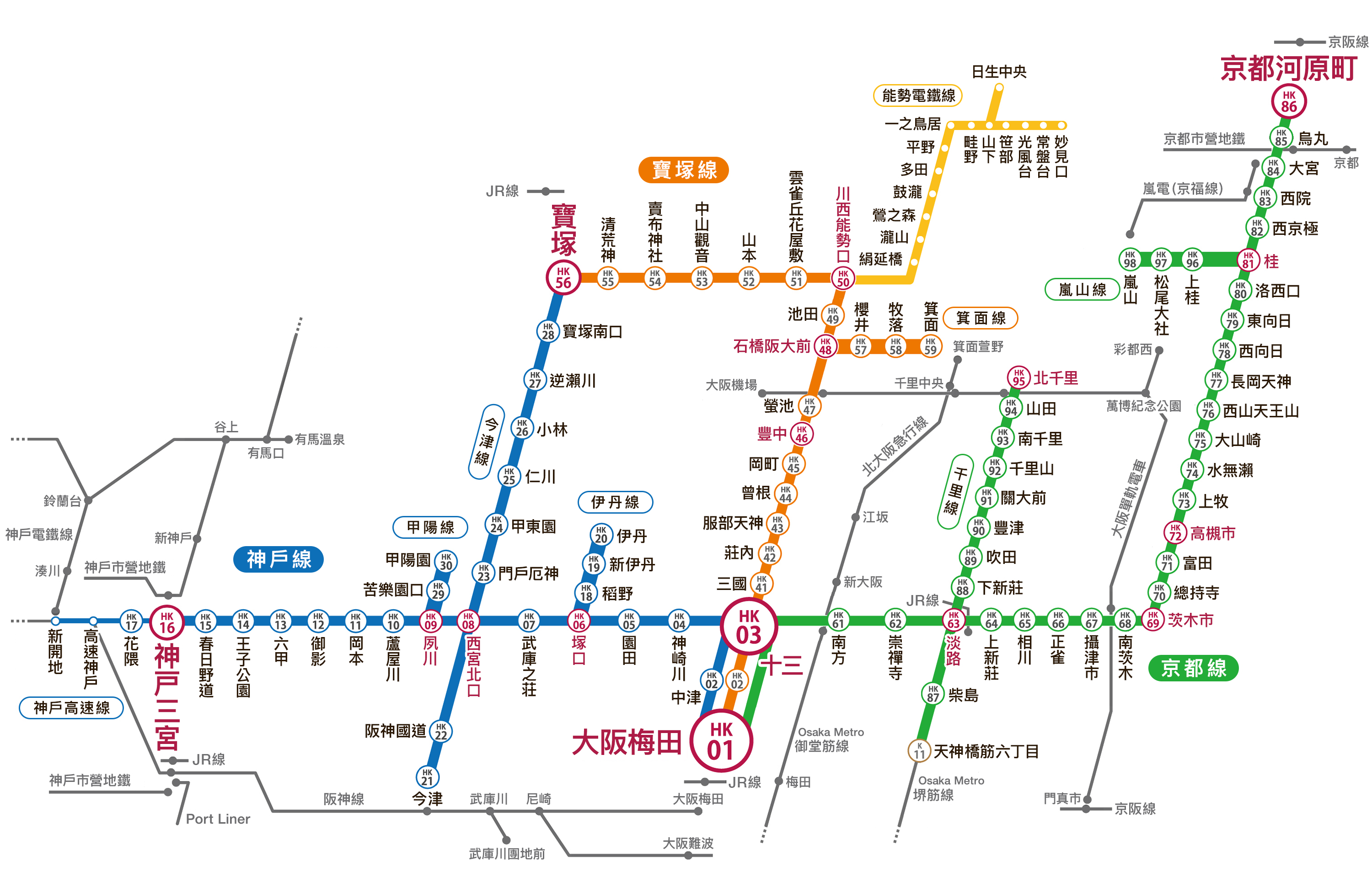 Hankyu Railway route map. It consists of Kobe Line, Takarazuka Line, and Kyoto Line, and has 87 stations.