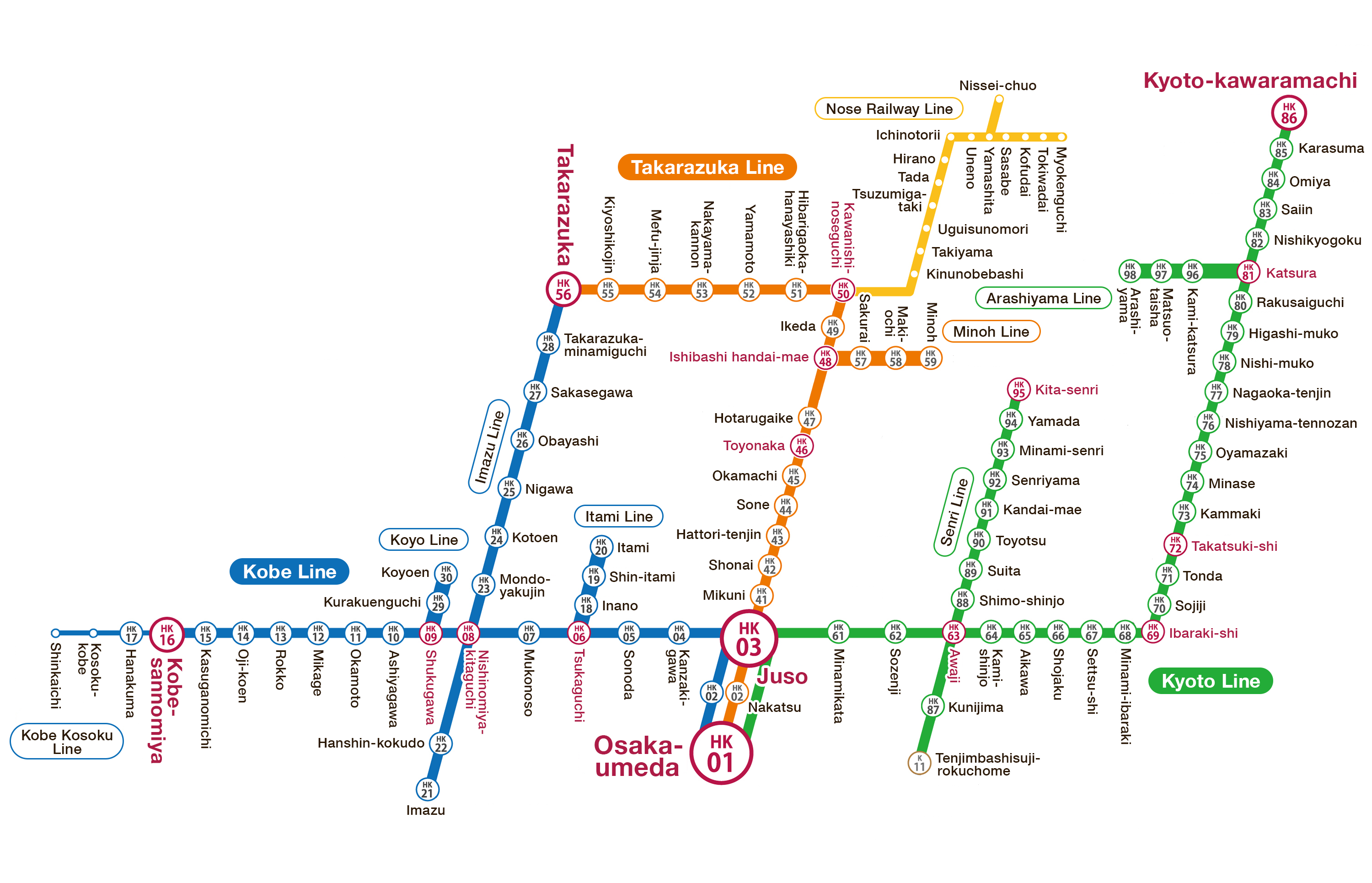 Route map ・ Kyoto Line (Kyoto-kawaramachi ~ Juso ~ Osaka-umeda) Arashiyama Line (Katsura ~ Arashiyama) Senri Line (Kita-senri ~ Awaji ~ Tenjimbashisuji-rokuchome) Osaka Metro Sakaisuji Line (Tenjimbashisuji-rokuchome ~ Tengachaya) ・ Takarazuka Line (Takarazuka ~ Juso ~ Osaka-umeda) Minoh Line ( Ishibashihandaimae ~ Minoh) Nose Electric Railway (Kawanishi-noseguchi ~ Myokenguchi ・ Nissei-chuo) ・ Kobe Line (Kobe-sannomiya ~ Juso ~ Osaka-umeda) Kobe Kosoku Line (Kobe-sannomiya～Shinkaichi）Imazu Line（Takarazuka～Nishinomiya-kitaguchi～Imazu）Koyo Line（Koyoen～Shukugawa）Itami Line（Itami～Tsukaguchi）