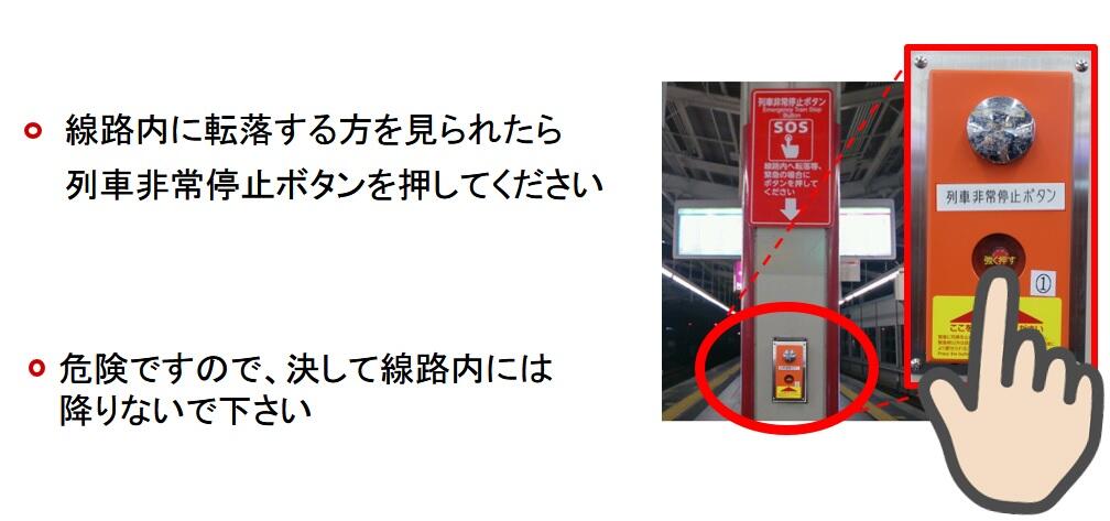 線路内に転落する方を見られたら列車非常停止ボタンを押してください　危険ですので、決して線路内には降りないで下さい